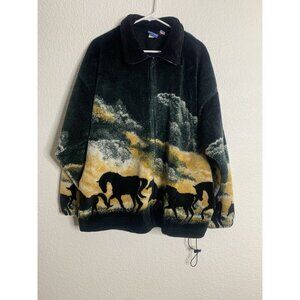 Natural Reflections Fleece Sherpa Jacket Horses XL Vtg Green Yellow Black Zip